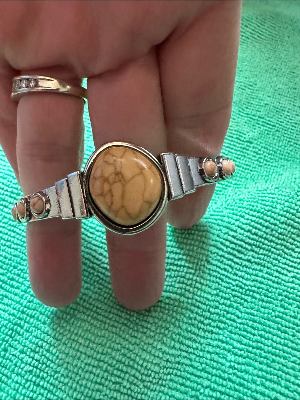 Silver-Tone Bracelet with Beige Stone Accent